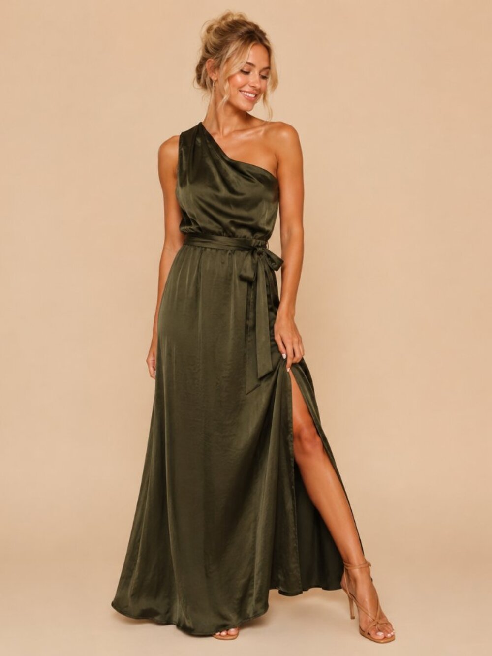 Nicole Miller Olive Satin One Shoulder Maxi Dress Belted Bridal Evening Resort